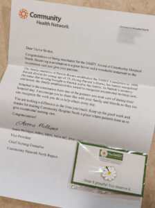 A letter of Taylor Burket's Daisy Award from Community Health Network.