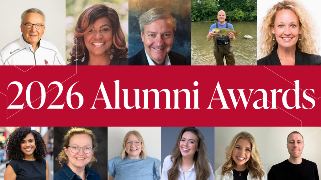 Portraits of the 2026 alumni winners from left to right in two row. The top row showcases Larry Metzing, Sandra Chapman Taylor, Mike Earley, Drew Holloway, and Beth Olson. The second row showcases Chloe Barnes-Henderson, McKenna Crews, Anna Park, Samantha Robbins, Bella Watts, and Quinton Zielke.