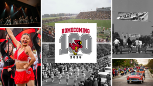 A collage celebrating Ball State University's 100th Homecoming features historic and modern photographs of campus traditions, including a football game, marching band parade, bed races, student performers, a color guard member in red, and a Homecoming parade convertible. At the center, a graphic reads “Homecoming 100 2026” with the Ball State Cardinal mascot.