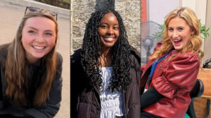 A collage of three portraits of smiling young women. The woman on the left has long brown hair and sunglasses on her head, with a low stone wall behind her outdoors. The woman in the middle has long, dark braided hair and poses outdoors in front of an older stone wall. The woman on the right has long, wavy blonde hair and poses indoors wearing a red short-sleeved jacket over a black long-sleeved top and a blue lanyard with a badge. A bulletin board and table fan are visible in the background.
