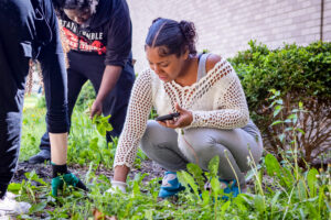 Photograph from Civics Day at Muncie Central High School showing a young woman squatting to weed a lawn beside a brick school building while holding a phone. Two other participants are partially visible assisting nearby, with bushes along the building in the background.