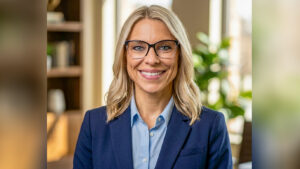 A professional headshot of a smiling woman with blonde hair and glasses, wearing a light blue button-down shirt under a dark blue blazer. The softly blurred background features natural light and a large indoor plant on the right.