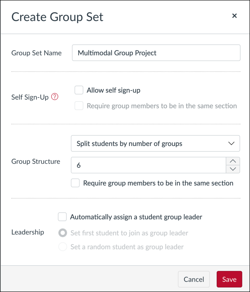 Create Group Set window includes name, self sign-up, group structure, and leadership options