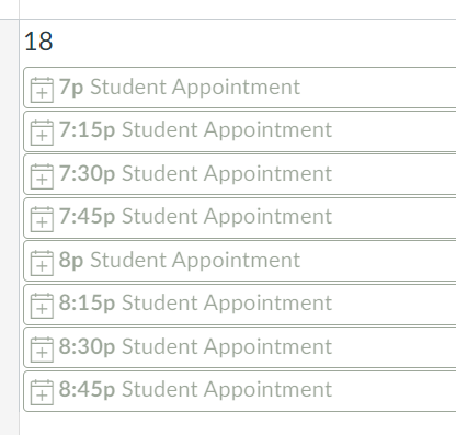 Calendar with time blocks for Student Appointments every 15 minutes