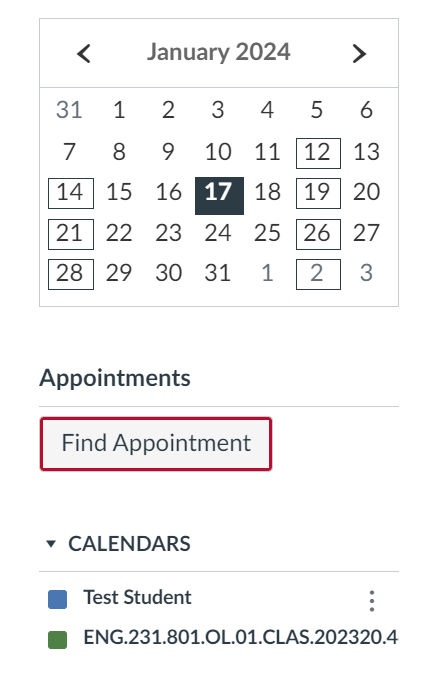 Calendar with date picker, Find Appointment button