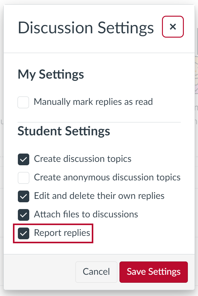 Discussion Settings window includes checkbox: Report replies (checked)