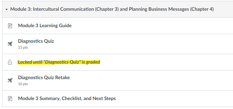 Canvas module example with lock icon and text highlight - Locked until "Diagnostics Quiz" is graded