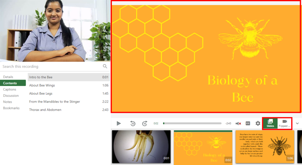 Panopto video viewer. Speaker on left side, slides on right. Slide reads, Biology of a Bee.