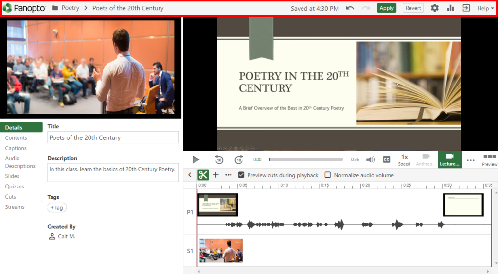 Panopto video editor shows classroom capture, slides, and a timeline for editing