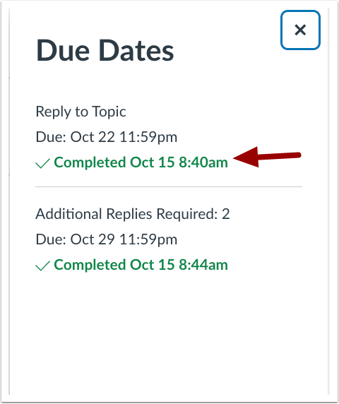 Due Dates with both Reply to Topic and Additional Replies showing completed message