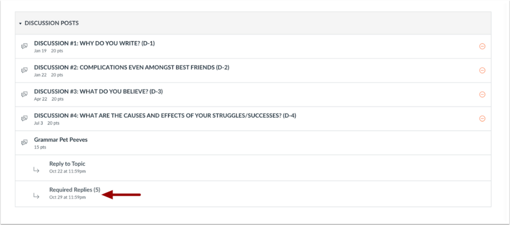 Module with Discussion - Grammar Pet Peeves, Reply to Topic with due date, Required Replies (5) with due date