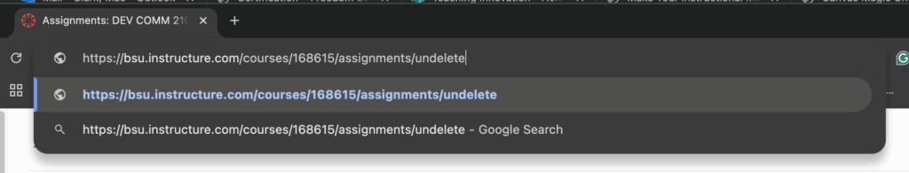 Screenshot of internet browser URL bar with "/undelete" added to the URL