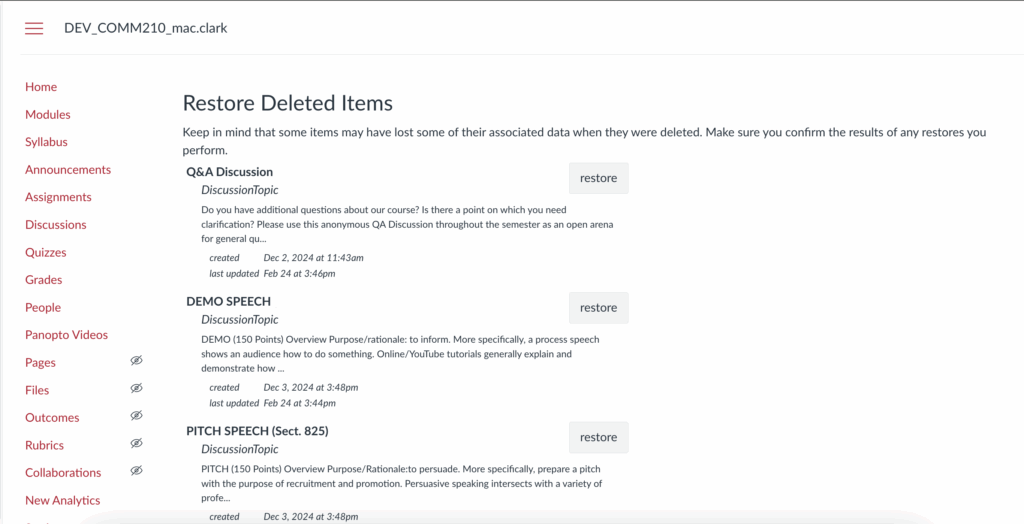 Screenshot of the "Restore Deleted Items" page in a Canvas course website.