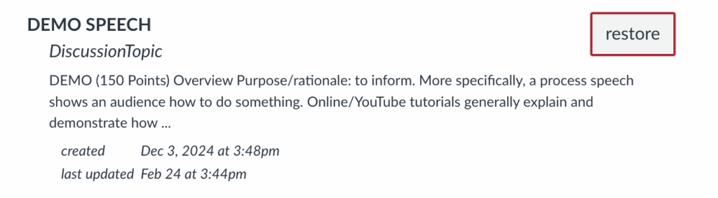 Screenshot of a deleted discussion board in a Canvas course website with the "Restore" button highlighted next to it.