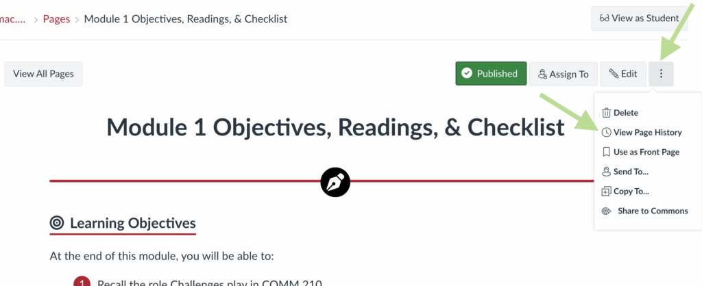 Screenshot of webpage in a Canvas course website. At the top of the page, green arrows are pointing at the three dots to open the dropdown menu for the page and the "View Page History" item in the dropdown menu.