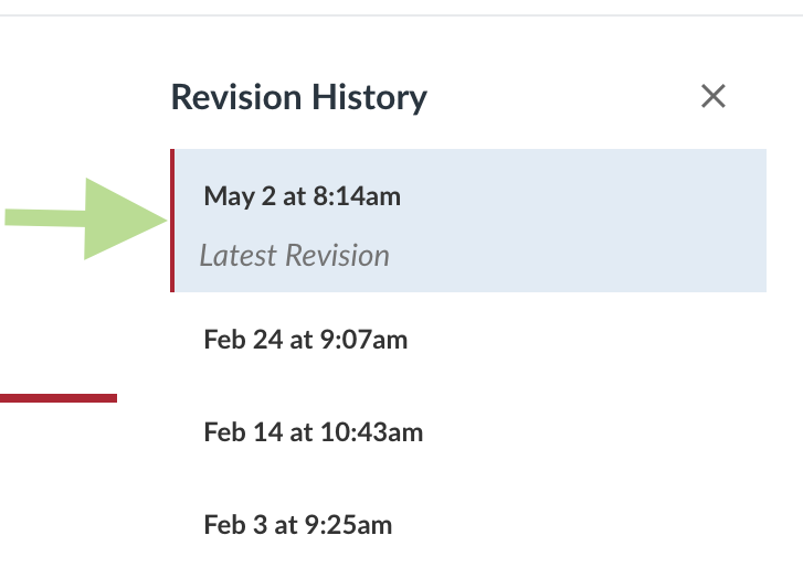 Screenshot of the "Revision History" for a webpage in a Canvas course website. A green arrow is pointing at the most recent revision from the list of revisions in the dropdown menu.