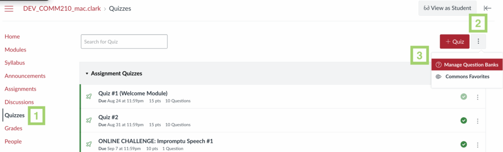 Screenshot of the Quizzes page in Canvas with the "Manage Question Banks" option highlighted from the page's dropdown menu.