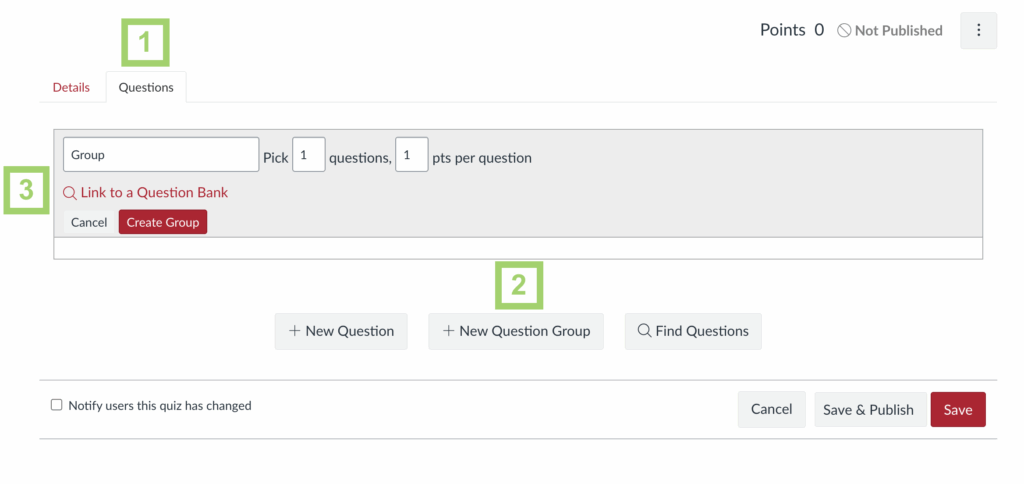 Screenshot of the newly created Quiz on Canvas with the "+ New Question Group" button and "Link to a Question Bank" option highlighted.