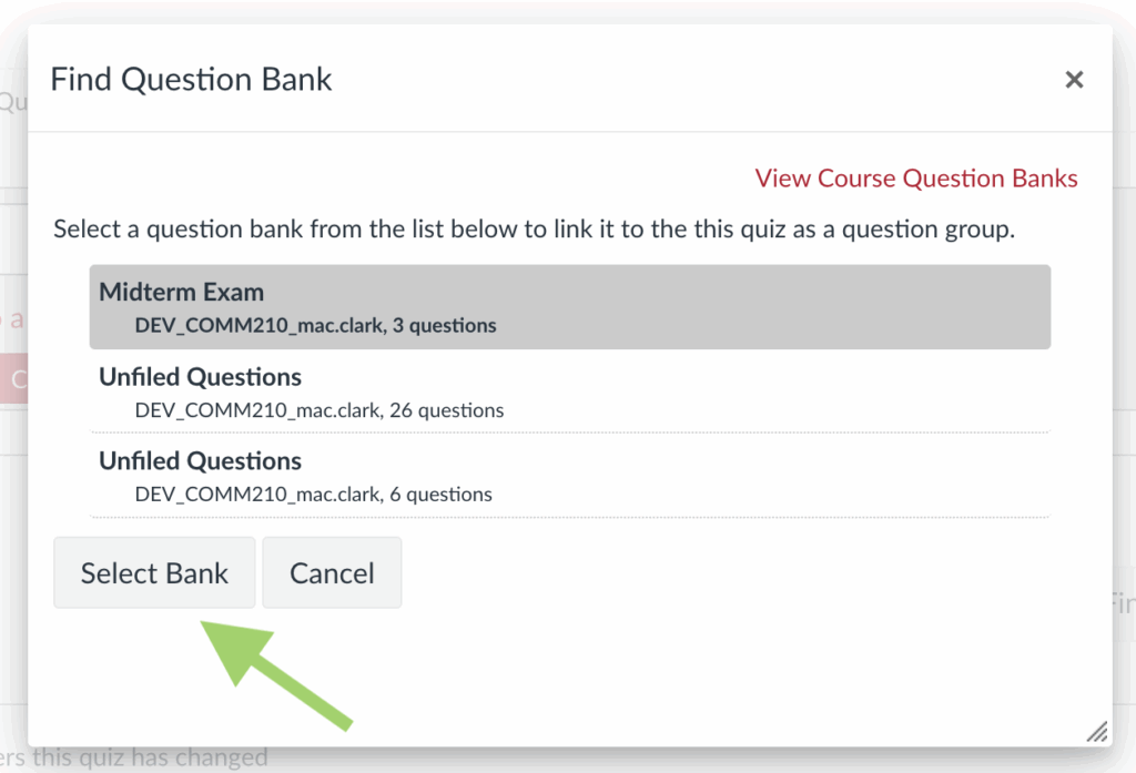 Screenshot of the "Find Question Bank" popup window with the "Midterm Exam" question bank selected and the "Select Bank" button highlighted.
