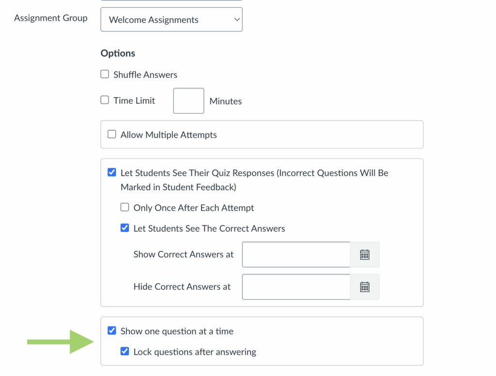 Screenshot of Canvas Quiz settings with the options for "Show one question at a time" and "Lock questions after answering" highlighted.