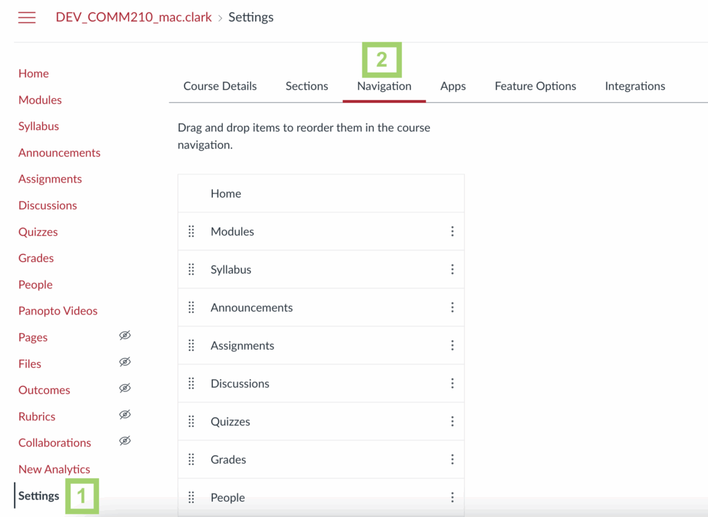 Screenshot of Canvas Course Settings with the "Navigation" tab highlighted.
