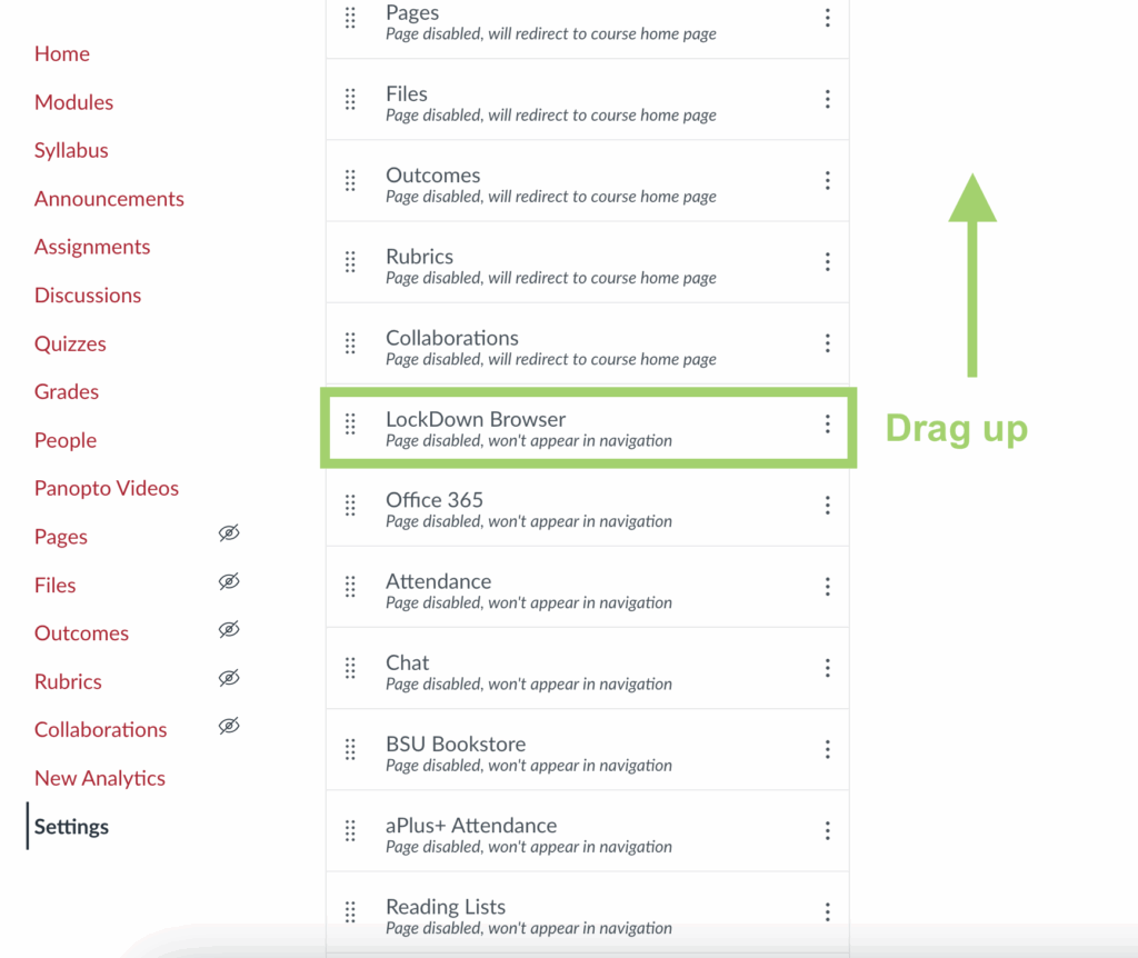 Screenshot of the Navigation page in the Canvas Course Settings that highlights how Canvas navigation items can be moved up, specifically calling out the "LockDown Browser" navigation item.
