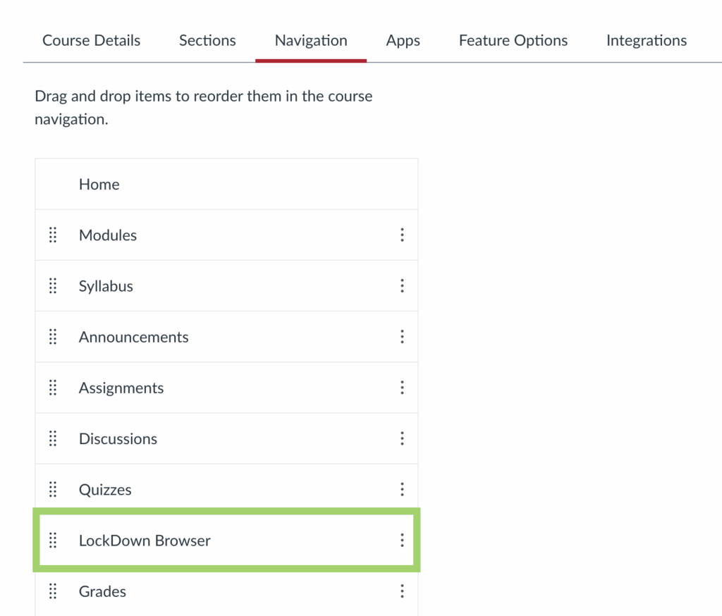 Screenshot of the Canvas Navigation page in Course Settings with the "LockDown Browser" navigation item highlighted.