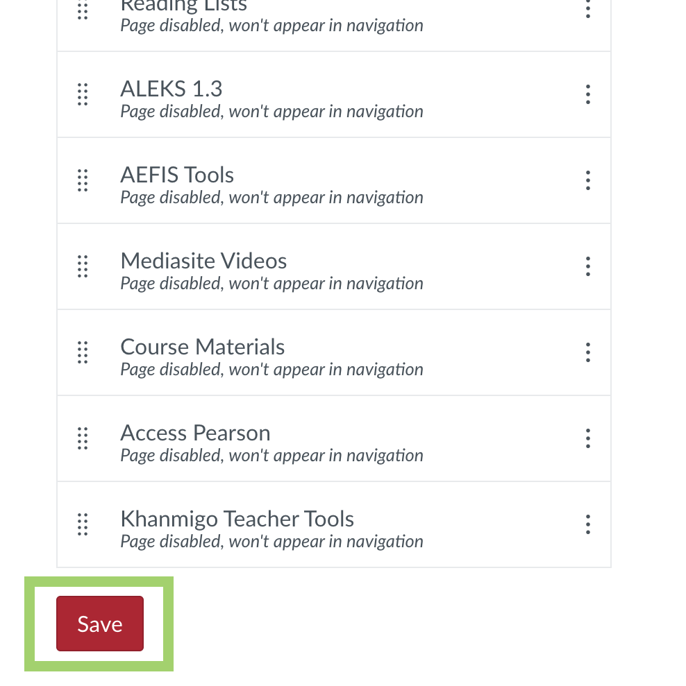 Screenshot of Canvas Navigation page with the "Save" button highlighted.
