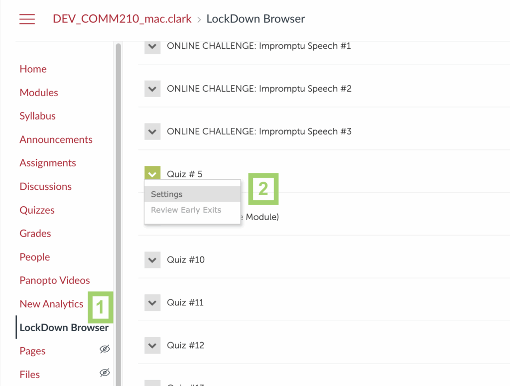 Screenshot of the LockDown Browser page in Canvas. The "Settings" option in a dropdown menu for one of the quizzes is highlighted.