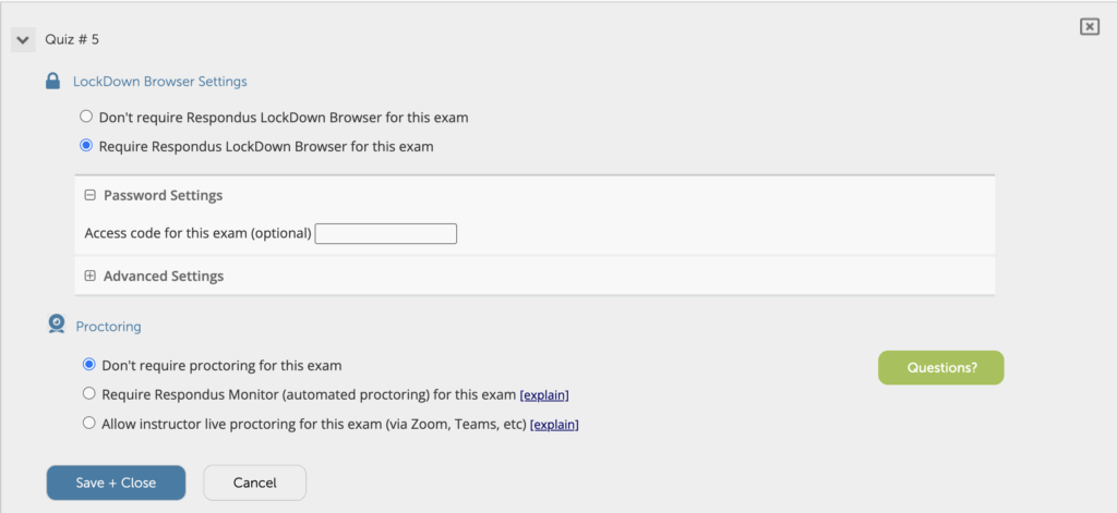 Screenshot of the available settings when opening the settings for a quiz in Canvas LockDown Browser.
