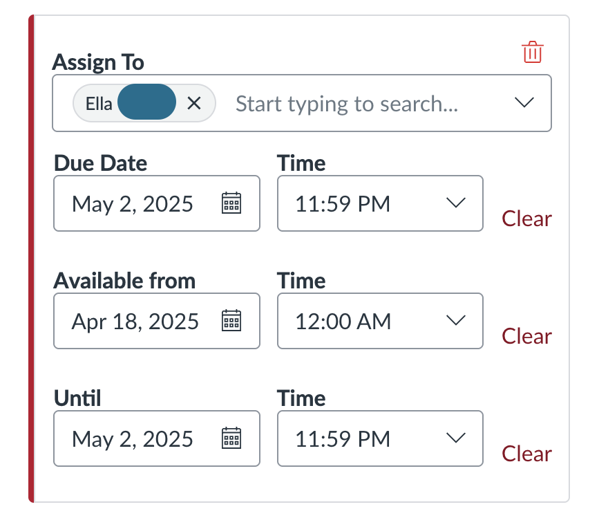 Screenshot of the "Assign To" window, with the Due Date, Available from, and Until dates set.