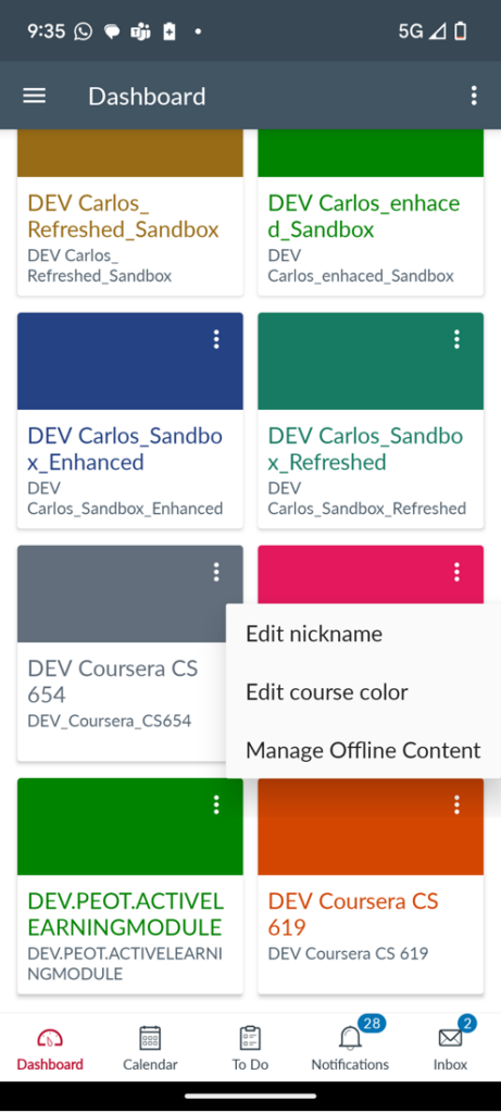 Screenshot of Canvas Dashboard on a mobile device with the "Manage Offline Content" highlighted