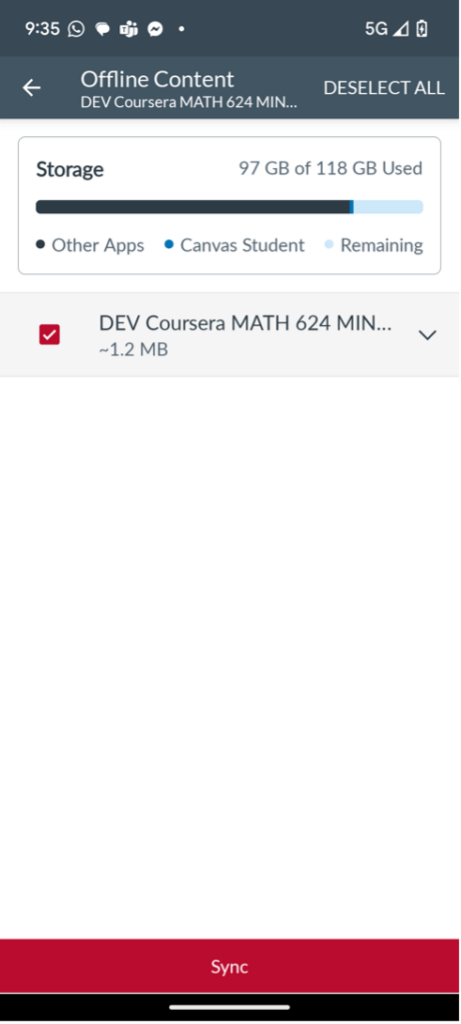Screenshot of the "Offline Content" window in Canvas on a mobile device.