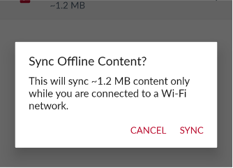 Screenshot of the confirmation window for synchronizing offline content in Canvas on a mobile device.