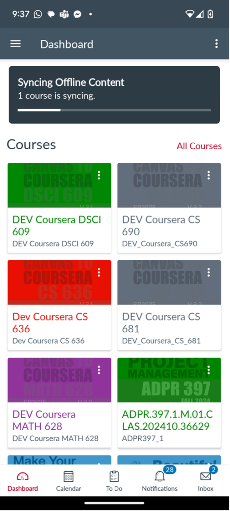 Screenshot of the Canvas Dashboard on a mobile device, displaying the "Syncing Offline Content" progress bar.