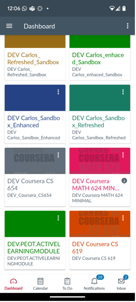 Screenshot of a Canvas Dashboard on a mobile device with one course's offline content synced.