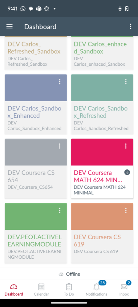 Screenshot of a Canvas Dashboard on a mobile device that is offline, demonstrating that only synced content is available.