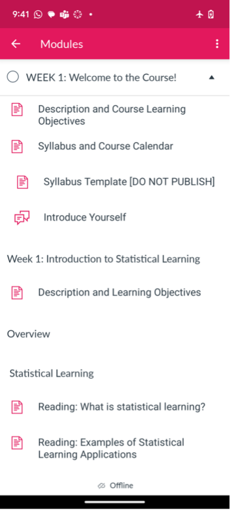 Screenshot of a Canvas course on a mobile device.