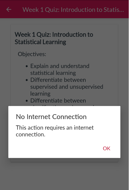 Screenshot of Canvas Quiz on a mobile device, unavailable to complete in offline mode.
