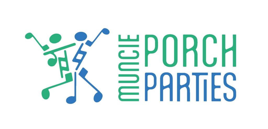 A logo that reads Muncie Porch Parties with 2 dancing music notes in green and blue.