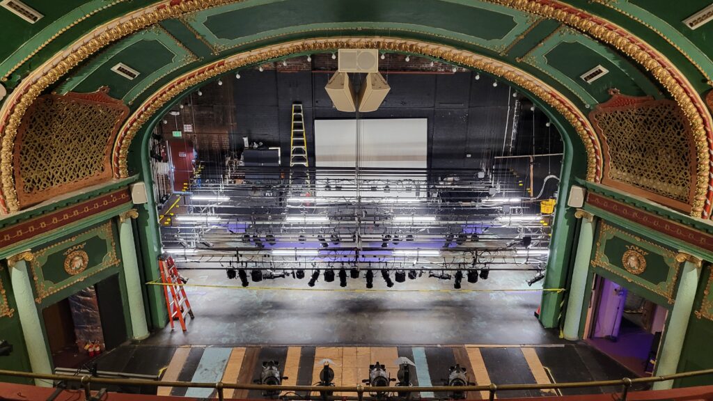 A balcony view of the Riucgmond Civic Theatre stage showing the new lighting system.