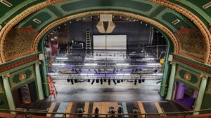 A balcony view of the Riucgmond Civic Theatre stage showing the new lighting system.