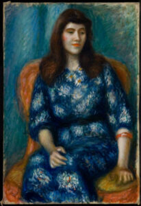 A painting of a brown haired girl in a blue floral print dress, seated on a yellow chair in front of a blue curtain