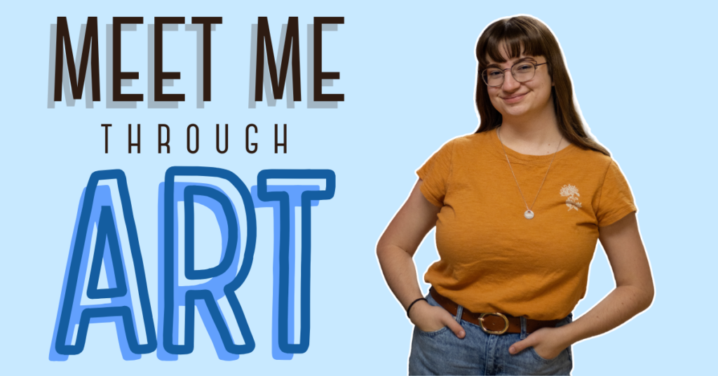 Intern Eleni Bow stands on a blue background next to the words "Meet Me Through Art"