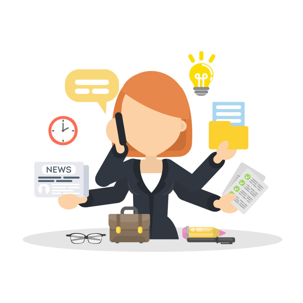 Graphic of a woman multitasking with lots of task graphics surrounding her.