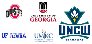 Logos for the schools where our students will be headed: Ohio State, University of Georgia, University of North Carolina-Wilmington, University of Missouri-Kansas City, and University of Florida